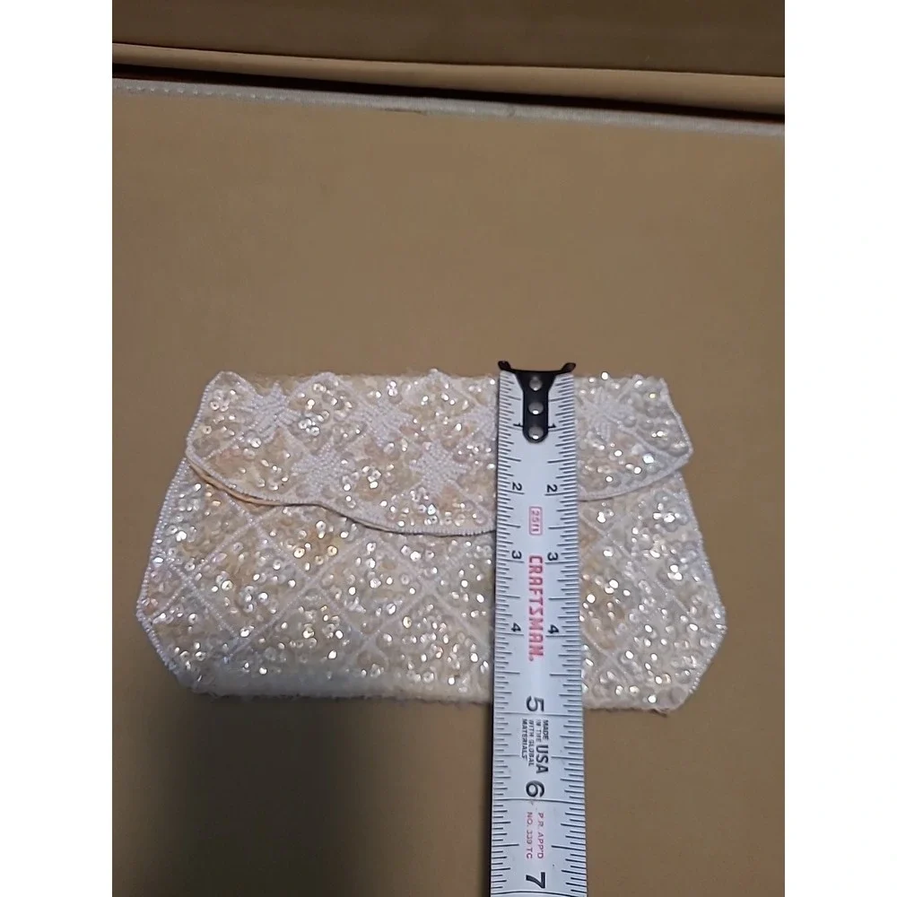 Vintage Ivory Cream Evening Bag Purse‎ Sequin Beaded Clutch 8